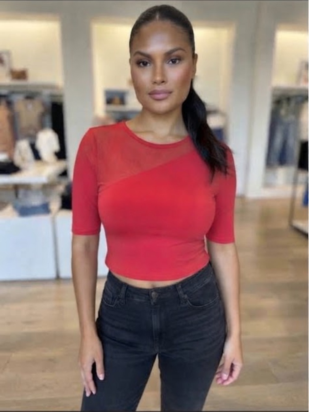 Express Red Sheer-Panel Crop Top